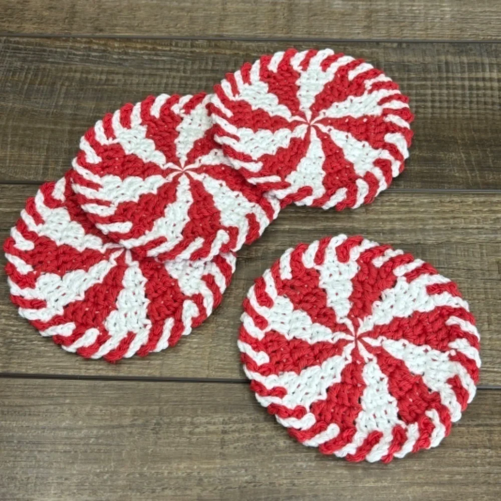 Handcrafted Crochet Peppermint Coasters Christmas Holiday‎ Set of 4 Cotton